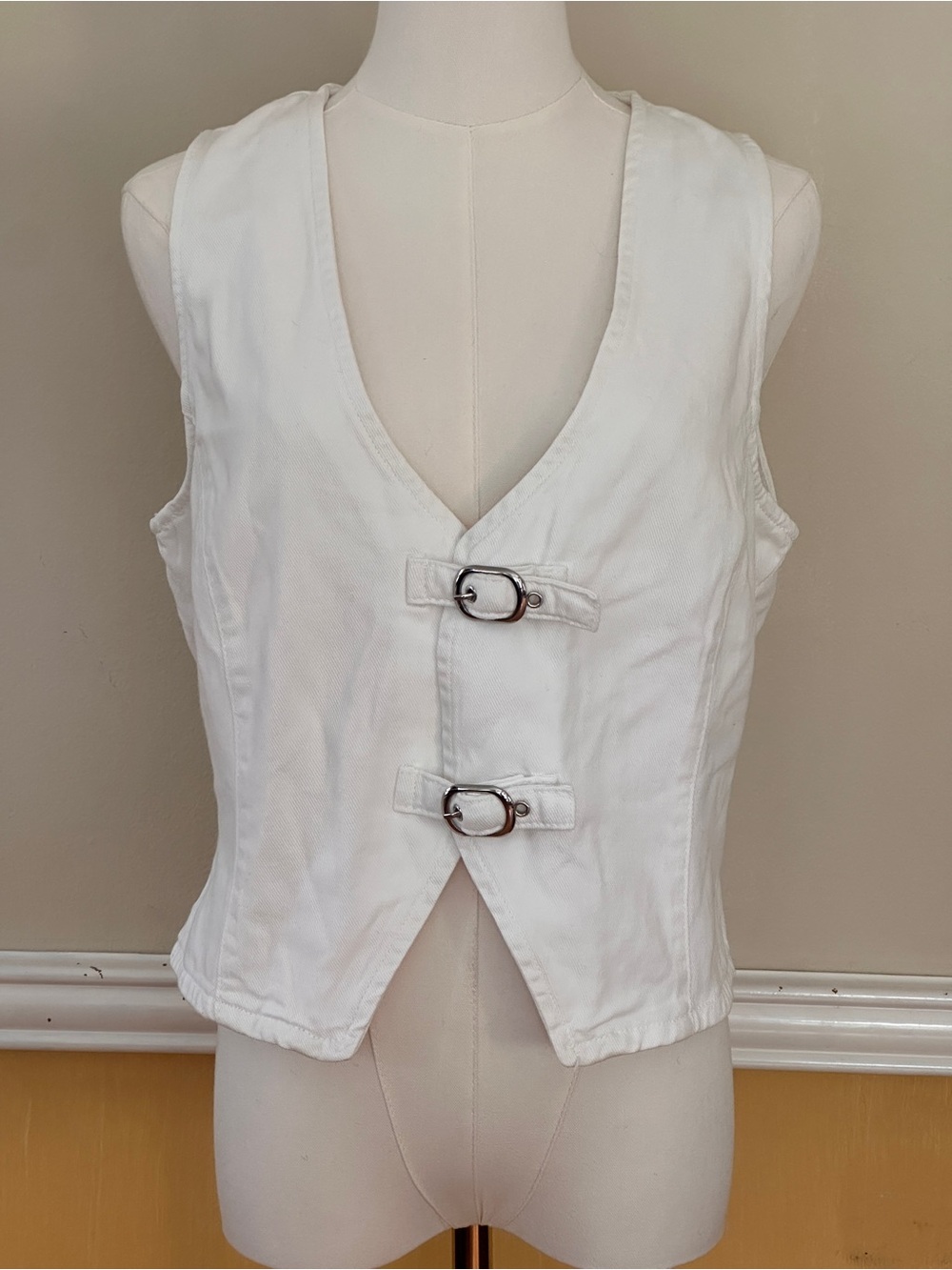 Zara White Denim Buckle Front Vest